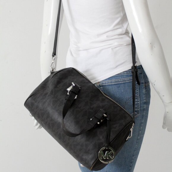 Michael Kors Grayson Medium Satchel Black Signature MK Monogram Logo Handbag - Picture 13 of 15